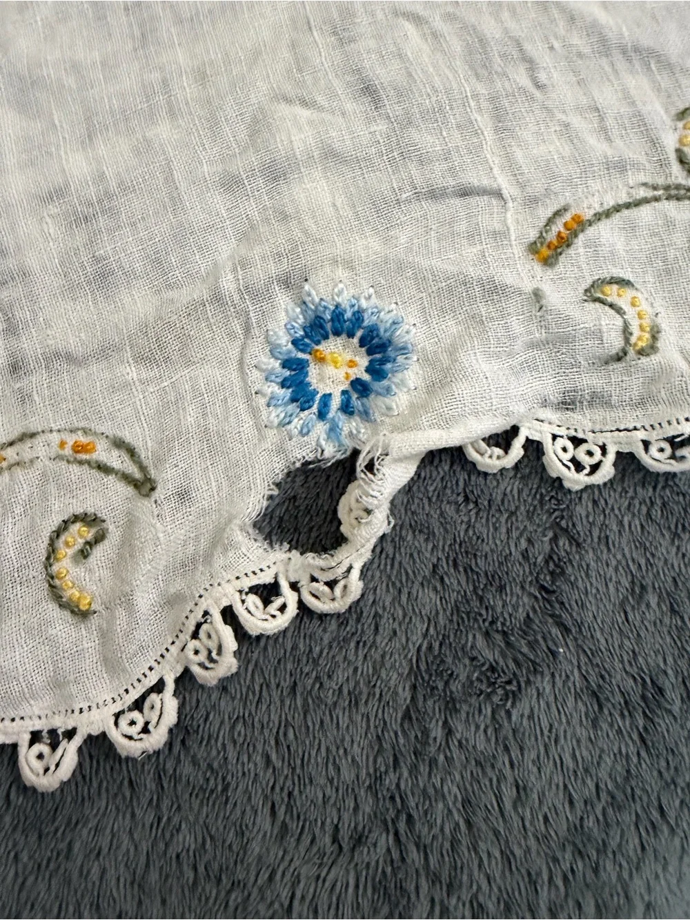 Vintage lot of 3 Hand-Embroidered doily, hand towel and round tablecloth